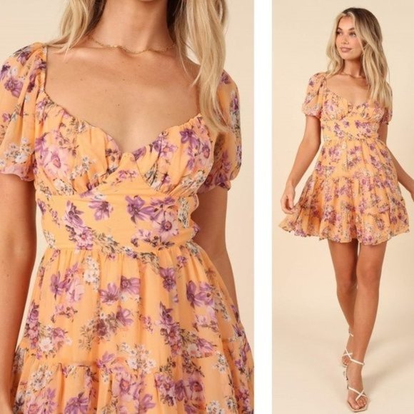 Petal & Pup Dresses & Skirts - Petal & Pup NEW Cora Floral Sweetheart Ruffle Mini Dress in Orange Pink Size L